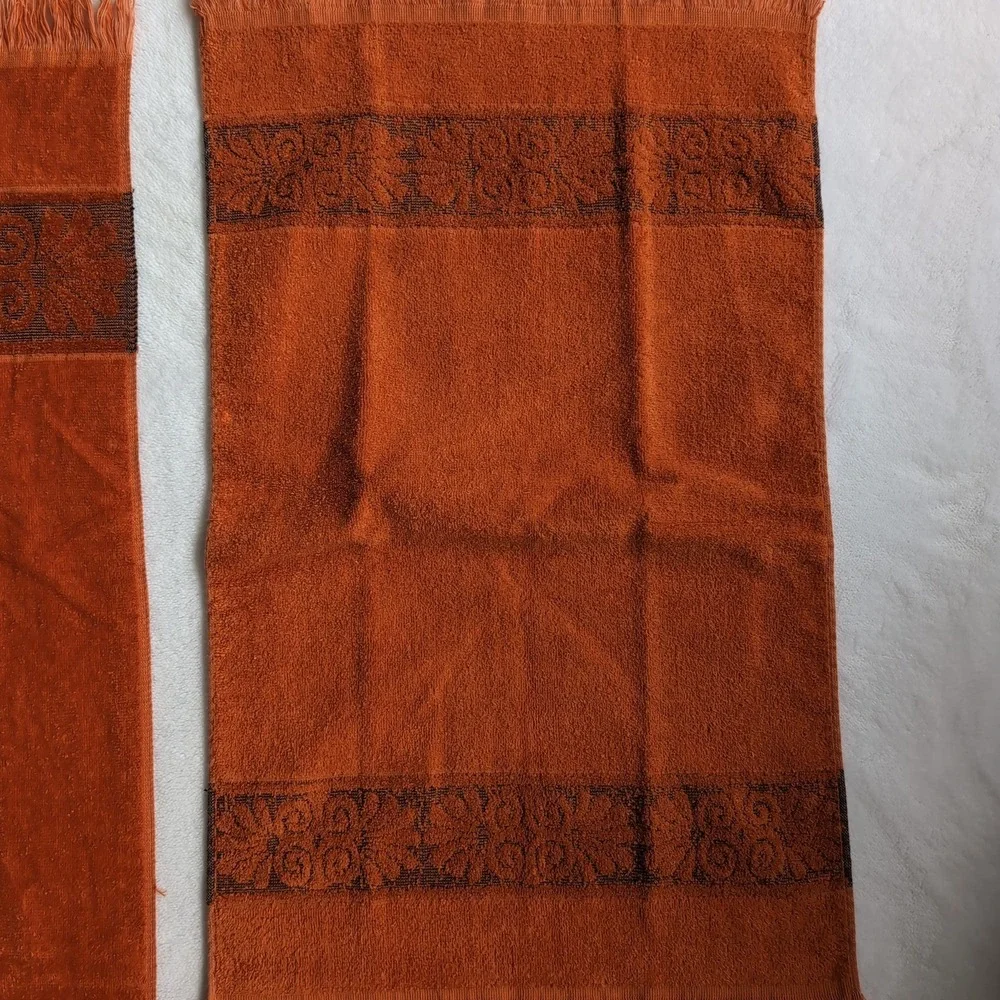 Vintage Cannon Monticello Towel Set Burnt Orange MCM 70s Sculpted Floral Fringe